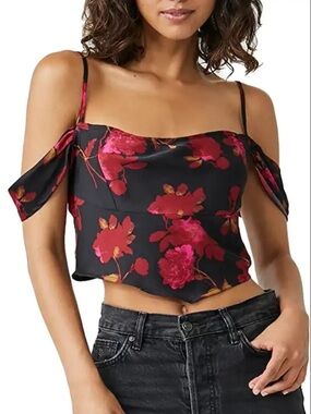 FREE PEOPLE Cassandra Black Floral Off-Cold-Shoulder Crop Top Pink Gold Flowers